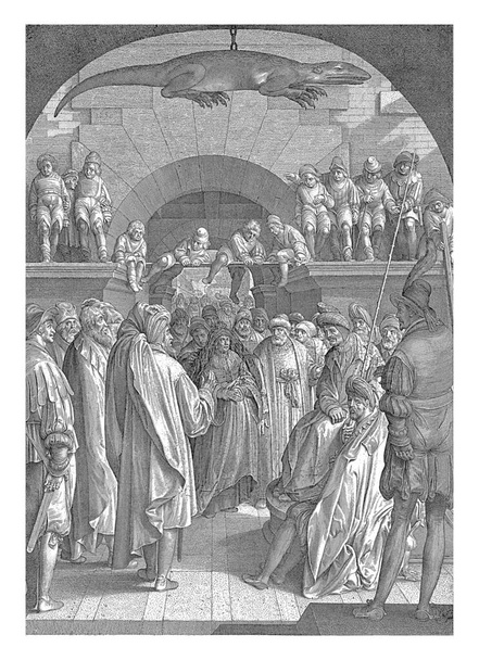 Susana perante os juízes, Nicolaes de Bruyn, 1670 - 1719 Susana é levada velada diante dos anciãos, que a acusam de infidelidade e arrancam seu véu.. - Foto, Imagem