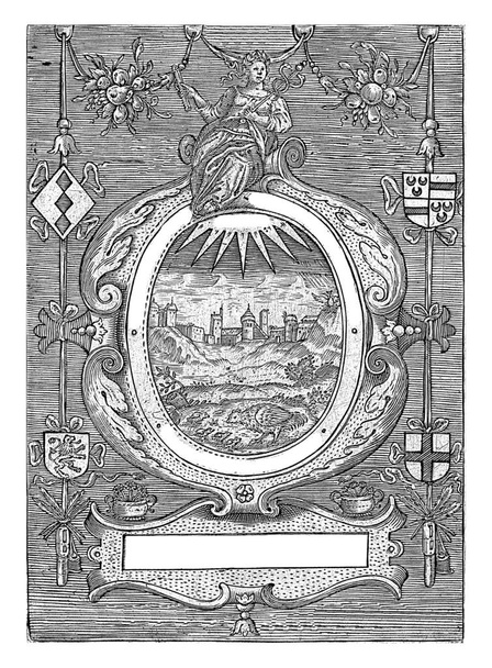 Blason de la chambre de rhétorique Het Rode Madeliefje à Warmond, 1620. Blason avec une poule avec ses poussins dans un paysage. - Photo, image