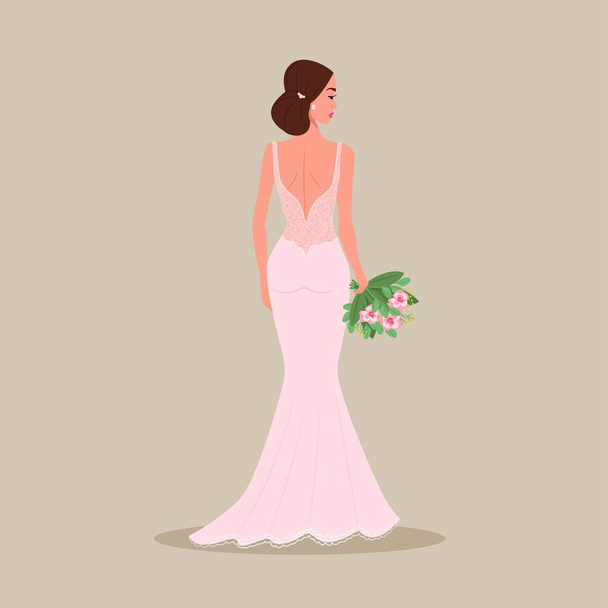 Bride in an evening dress with a bouquet in her hands. Vector illustration in flat cartoon style. - Vector, Image