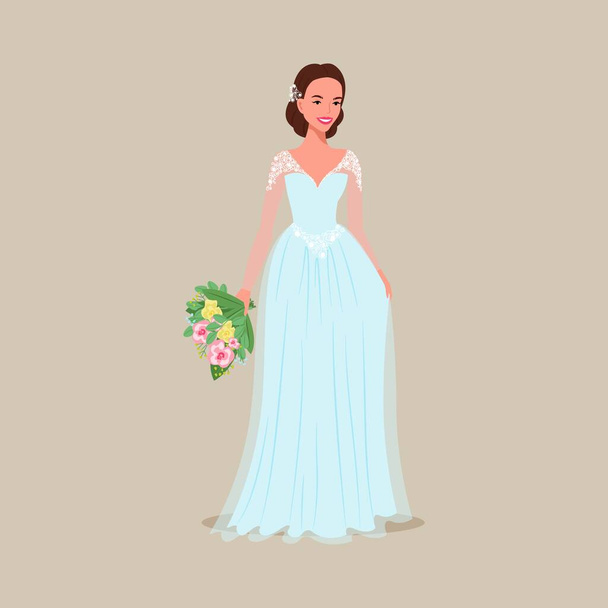 Невеста в вечернем платье с букетом в руках. Векторная иллюстрация в плоском стиле мультфильма. - Вектор,изображение