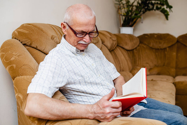 Een oudere man die thuis een boek leest. Een oudere zakenman maakt een businessplan als hij thuis zit in een kamer op de bank. Organisatie van het bedrijfsleven door mensen voor 65 jaar - Foto, afbeelding