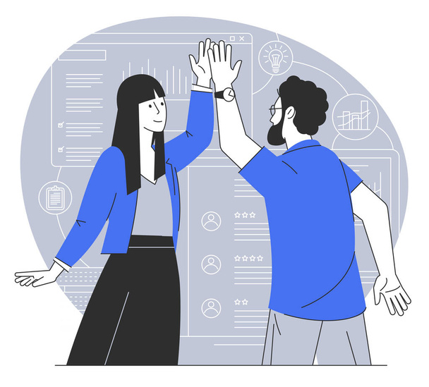 High-five. Young man and woman giving high-five and smiling. Flat design success and cooperation vector concept. - Vector, Image