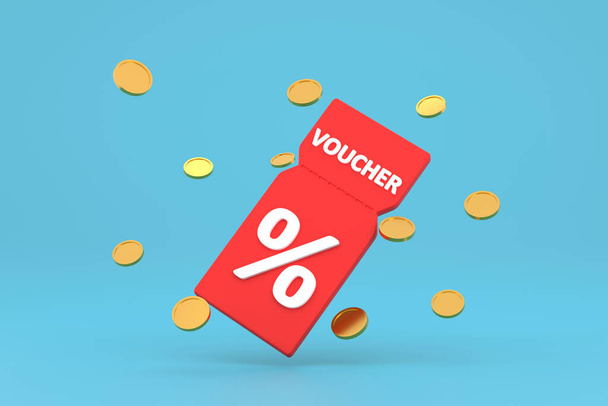 3D. discount coupon with percentage sign with coins. Voucher card cash back with coupon code promotion - Fotó, kép