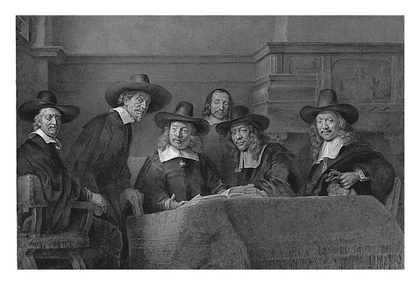 Staalmeesters, Johann Wilhelm Kaiser (I), po Rembrandt van Rijn, 1846 - 1900 Staalmeesters: kolegium samplerów lub lokajów cechu amsterdamskich producentów tkanin. - Zdjęcie, obraz