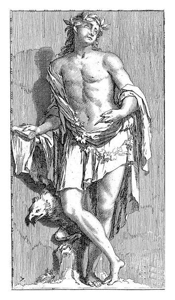 Ένας ημίγυμνος νεαρός άνδρας με ένα πάπυρο στο δεξί του χέρι και αφήνει γύρω από το κεφάλι και τη μέση του ως προσωποποίηση της ποίησης. - Φωτογραφία, εικόνα