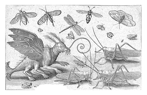 Grasshoppers e criatura de fantasia com asas e pés de teia, Nicolaes de Bruyn, 1594 - Foto, Imagem