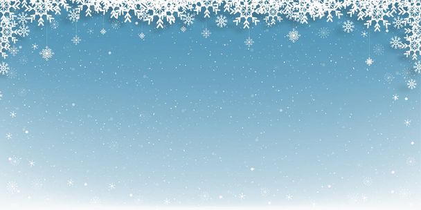 Sfondo di Natale con paesaggio invernale, cornice fiocchi di neve su sfondo cielo blu, Bandiera vettoriale della scena invernale per lo sfondo delle vacanze sul concetto di promozione o vendita di Capodanno - Vettoriali, immagini