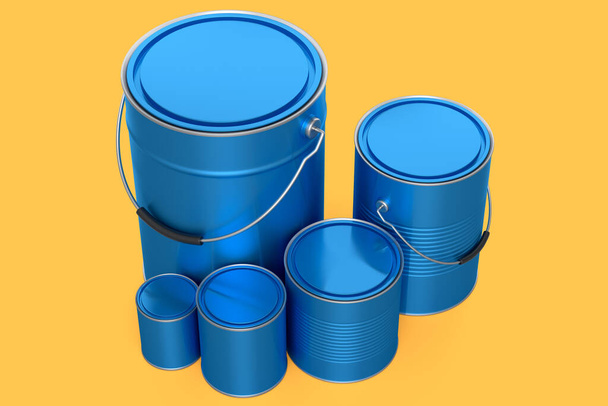 Set of metal can or buckets of paint in row pattern on yellow background. 3d render of renovation concept and DIY repair in room - Foto, Imagem
