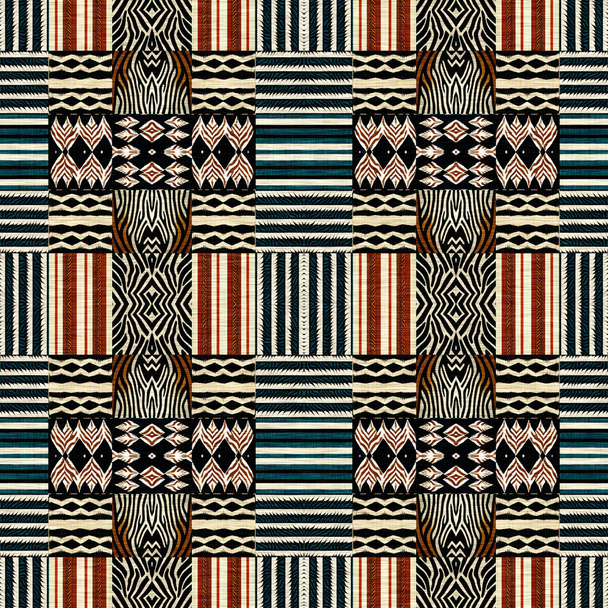 African kente cloth patchwork effect pattern. Seamless geometric quilt fabric all over background. Patched boho rug safari shirt repetitive tile swatch. - Photo, Image