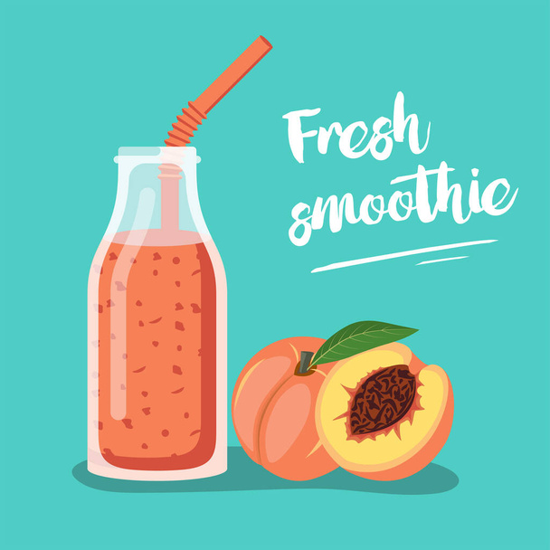 Peach Fresh. Cocktail smoothie. Template for menu or banner for healthy eating. Fresh energetic drink for healthy life. Peach juice in glass bottle with straws. Vector flat design. - Διάνυσμα, εικόνα