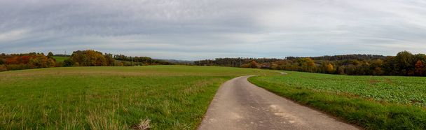Camino angosto vacío en medio de los campos de otoño. Paisaje panorámico del pueblo en Renania del Norte Westfalia en Alemania. - Foto, Imagen