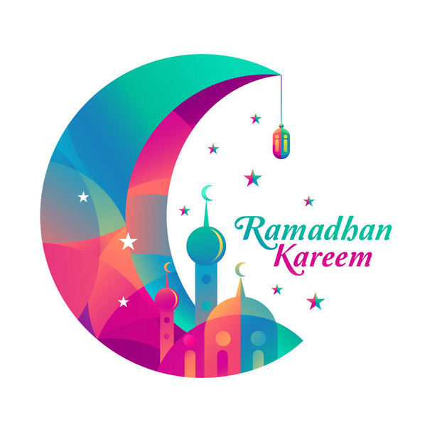 Ramadan kareem vector design with Islamic crescent moon, mosque, stars, lanterns hanging on crescent moon with colors. Islamic decoration. - Fotó, kép
