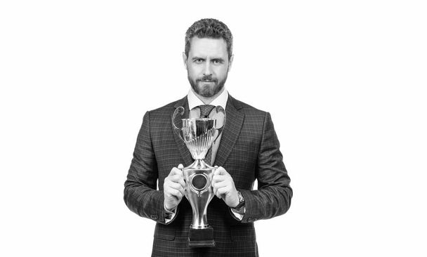 Senior manager in formal suit hold golden cup for business success isolated on white, trófea. - Fotó, kép