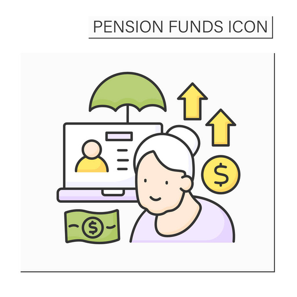 Fiókszín ikon. Egyéni nyugdíjszámla. Idős nő számolja a megtakarított pénzt nyugdíjba vonulás előtt. Életbiztosítás. Nyugdíjalap-koncepció. Elszigetelt vektor illusztráció - Vektor, kép