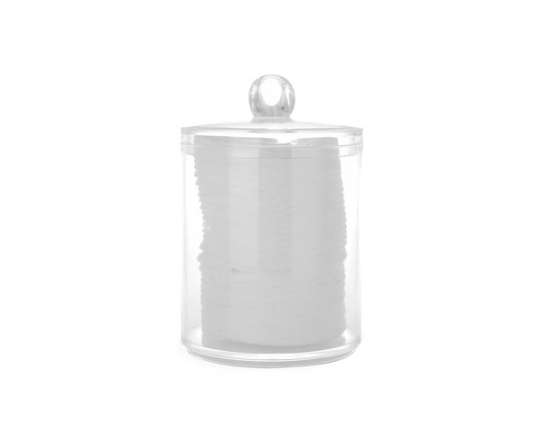 Cotton pads in plastic jar on white background - Valokuva, kuva
