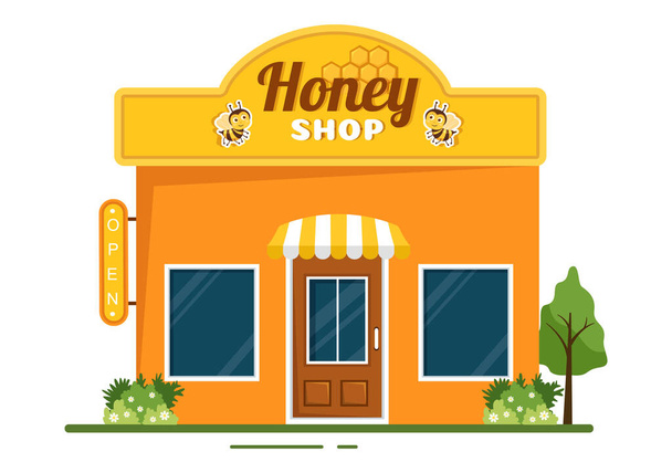 Tienda de miel con un tarro de producto útil natural, abeja o panales para consumir en dibujos animados planos Plantillas dibujadas a mano Ilustración - Vector, imagen