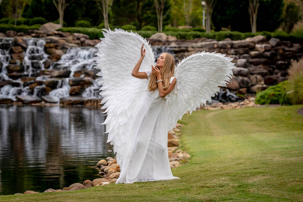 A gorgeous blonde model poses outdoors while while wearing a set of white wings for halloween.  - Photo, Image