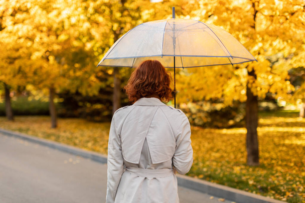 Millénaire femme rousse européenne en imperméable avec parasol marche sous la pluie, profiter du mauvais temps seul en automne dans le parc de la ville avec des feuilles jaunes, copier l'espace, dos. Temps libre au week-end urbain extérieur - Photo, image