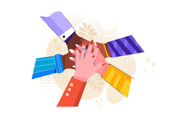  Hands of diverse group of people putting together. Concept of cooperation, unity, togetherness, partnership, agreement, teamwork, social community or movement. Flat cartoon vector illustration - Vector, Image