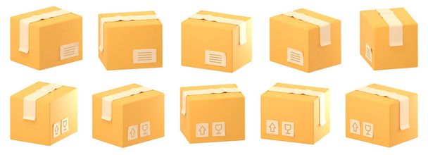 Brown cardboard boxes, carton packages of parcels, post and orders in different angle view. Closed boxes with tape and labels for fragile cargo isolated on white background, 3d render illustration - Photo, Image