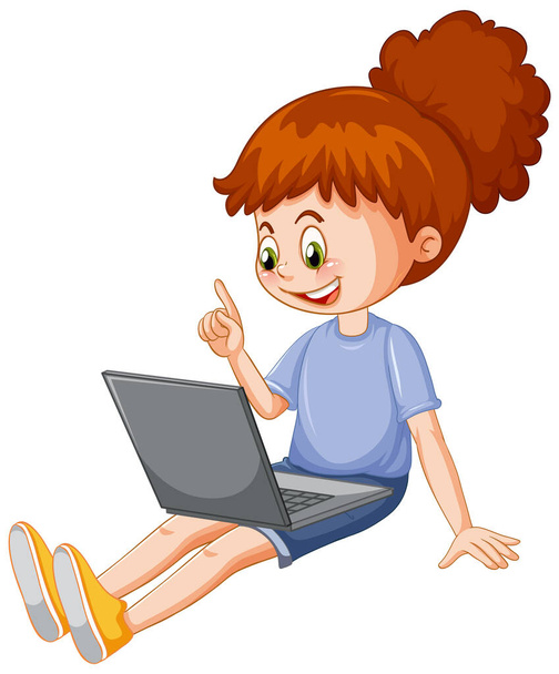 A girl using laptop cartoon illustration - Διάνυσμα, εικόνα