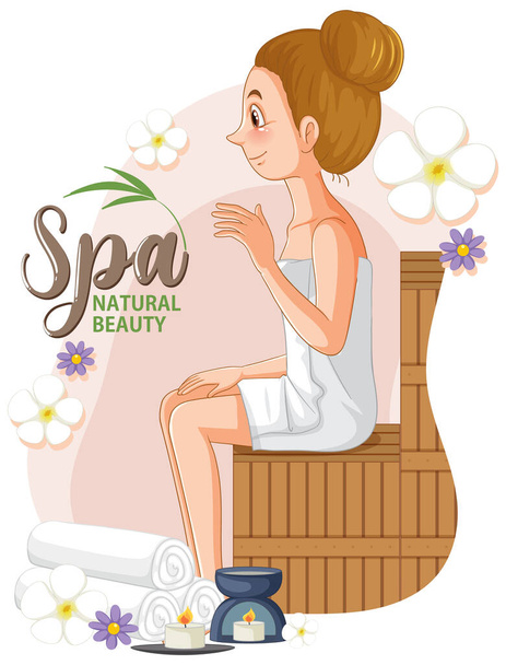 Spa testo di bellezza naturale con donna spa illustrazione - Vettoriali, immagini