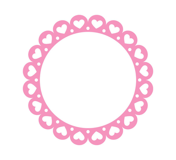 Circle scalloped frame with hearts. Scalloped edge round shape. Simple label sticker form. Flower silhouette lace frame. Cute vintage frill ornament. Vector illustration isolated on white background. - Vector, Image