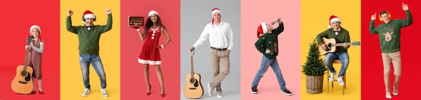 Ludzie ze słuchawkami, mikrofonem, gitarami i odbiornikiem radiowym na kolorowym tle. Święta Bożego Narodzenia - Zdjęcie, obraz
