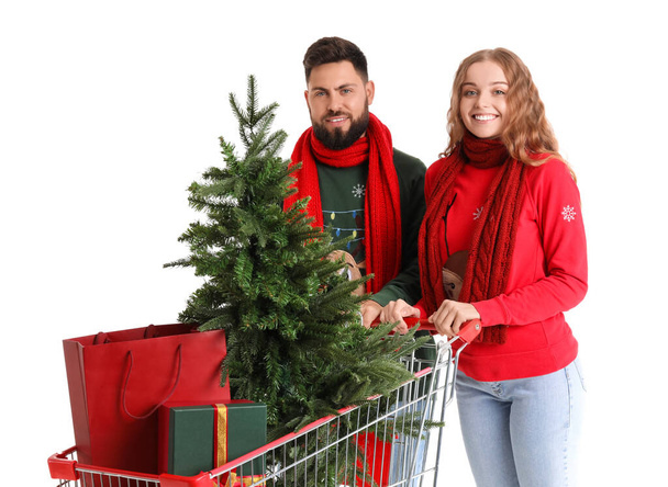 Happy young couple with Christmas tree and presents in shopping cart on white background - Φωτογραφία, εικόνα
