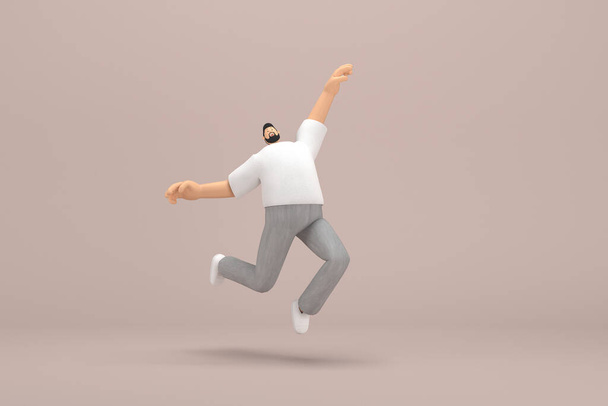 The man with beard wearinggray corduroy pants and white collar t-shirt.  3d illustrator of cartoon character in acting. He is jumping. - Photo, Image