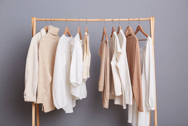 Indoor shot of pastel blouses, shirts, t shirts and sweater are hanging in wardrobe on shelf, basic wardrobe for a fashionista in a fashion store. - Fotoğraf, Görsel