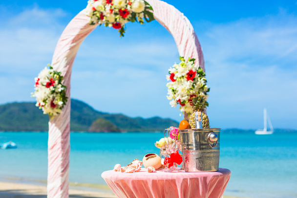 Arch on the beach exotic european Wedding ceremony on the shore of the ocean sea - Photo, Image