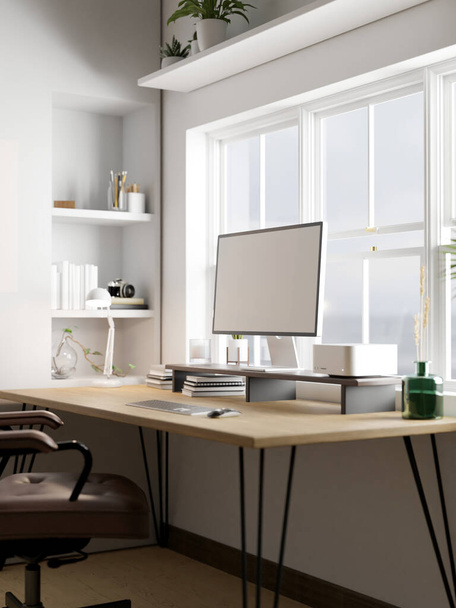 Pencereye karşı aksesuarları, rafları, sandalyeleri ve ev dekoru olan beyaz duvarı olan ahşap masa üzerinde bilgisayar modeliyle modern ev içi çalışma alanı tasarımı. 3d görüntüleme, 3d illüstrasyon - Fotoğraf, Görsel