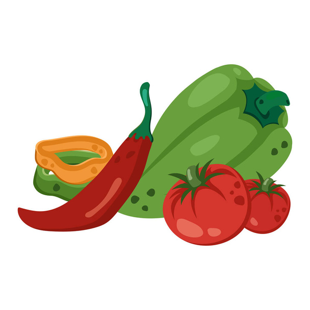 Composition of whole red, green, yellow peppers, chilli and tomatos. Fresh ripe vegetables. Ingredients for ketchup. Tasty spicy food. Vector illustration for healthy lifestyle - Wektor, obraz