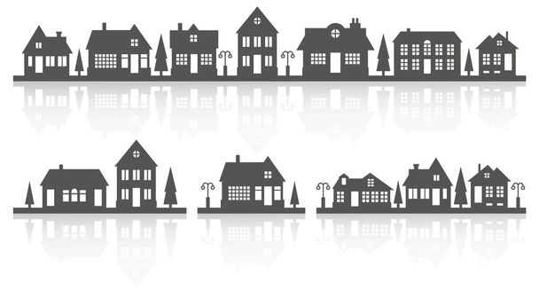 Häusersilhouette auf der Skyline. Vorstädtische Nachbarschaftslandschaft. Landhaus-Häuser mit Spiegelung. Glyphen-Vektorillustration - Vektor, Bild