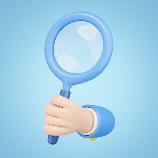 3D search icon. Hand holding Magnifying glass floating isolated on blue background. Find, discovery, research idea, Investigate a case concept. Business cartoon icon minimal. 3d render illustration. - Photo, Image