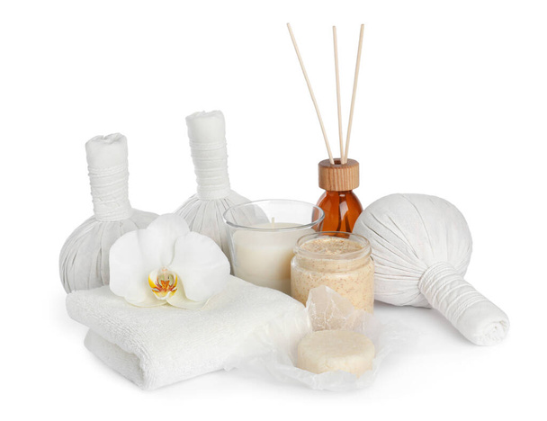 Beautiful spa composition with different body care products isolated on white - Фото, зображення