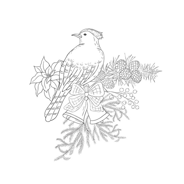 Cardinal Bird with Winter Bouquet. Christmas Decoration. Vector. - Διάνυσμα, εικόνα