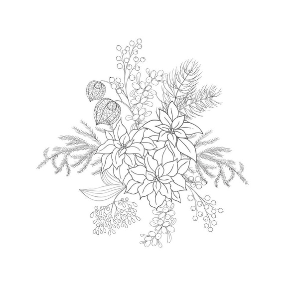 Winter Bouquet with Poinsettia. Christmas Decoration. Vector Illustration. - Vektör, Görsel