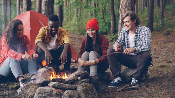 Multiethnic group of friends tourists are sitting around fire talking and laughing, young man is throwing firewood in flame. Camping, friendship and summer nature concept. - Photo, image
