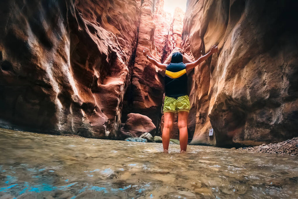 Kadın turist, Wadi Mujib 'in nehir kanyonunun muhteşem açık renkleriyle tadını çıkarıyor. Wadi Mujib Ürdün 'ün Ölü Deniz bölgesinde yer almaktadır. - Fotoğraf, Görsel