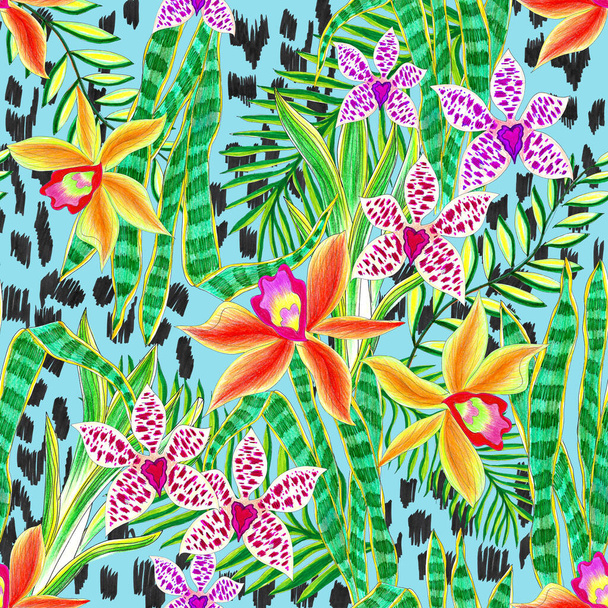 summer flowers, exotic leaves. seamless watercolor background. - Fotó, kép