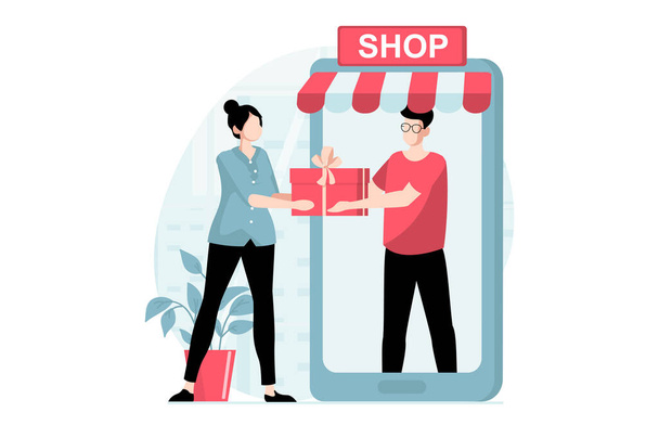 Mobile commerce concept with people scene in flat design. Woman makes online purchases, orders goods and delivery and receives gifts from man. Vector illustration with character situation for web - Vector, Image