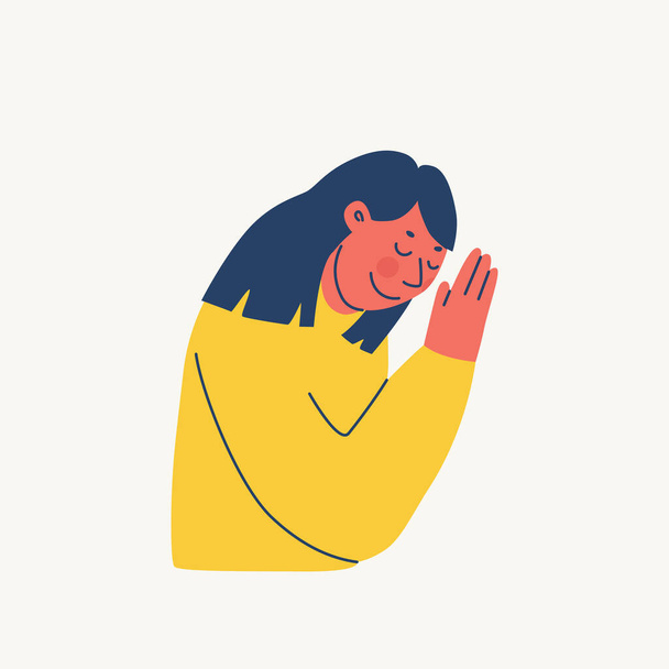The woman folded her hands in prayer or makes a respectful bow. Smiling character makes namaste. Respectful gestures. Vector illustrations. - Διάνυσμα, εικόνα