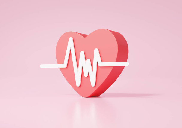 3D piros szív ikon szívverés pulzus vonal rózsaszín háttér. kardiológia orvosi fogalom. rajzfilm minimális. 3d rendezés illusztráció - Fotó, kép