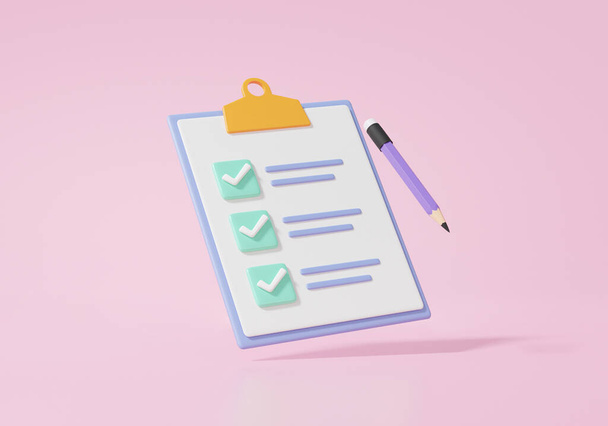 Checklist on clipboard paper. information business document correct mark floating on pink background. 3d render illustration - Photo, Image