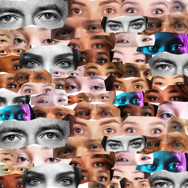 Hedendaags kunstwerk. Modern design. Collage gemaakt van verschillende mensen van verschillende nationaliteit, huidskleur, rassen. Menselijke ogen. Begrip schoonheidsnormen, multi-etniciteit, vriendschap, mensenrechten - Foto, afbeelding