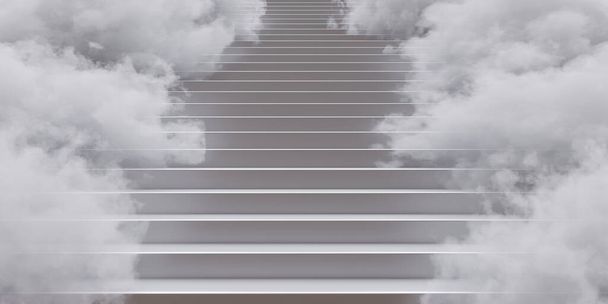 Escadaria e nuvens, escadas subindo. Oportunidade de negócio e conceito de desafio. Renderização 3d - Foto, Imagem