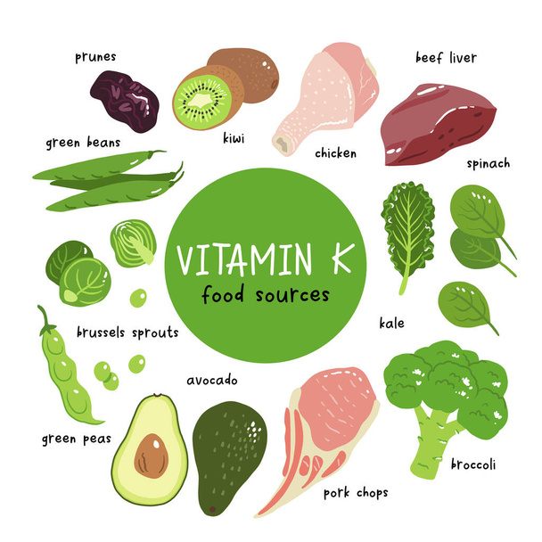 Vitamina k vector stock ilustración. Productos alimenticios con un alto contenido de las vitaminas k1 y k2. ciruelas pasas, hígado, chuletas de cerdo, brócoli, judías verdes y guisantes, col rizada, espinacas y coles de Bruselas. - Vector, imagen