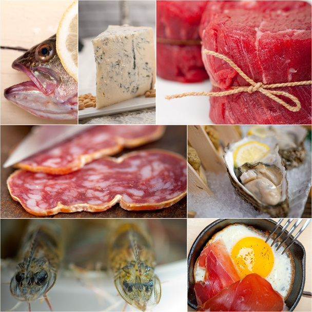 Collage über Nahrungsmittel mit hohem Proteinanteil - Foto, Bild
